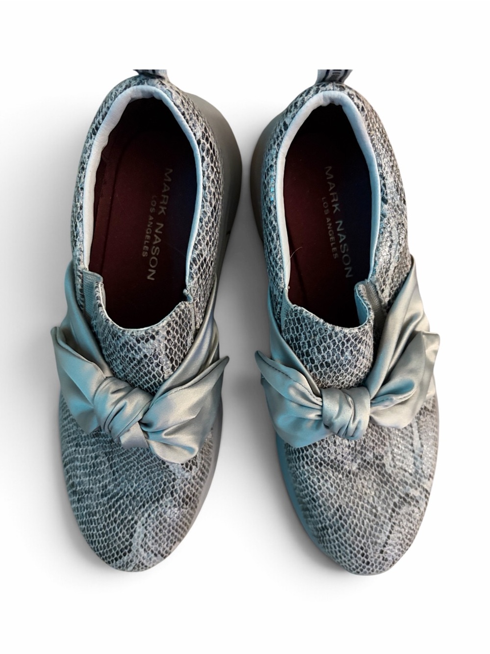 Mark Nason Women's Light Blue Snake-Print Slip-On Sneakers with Satin Knot
